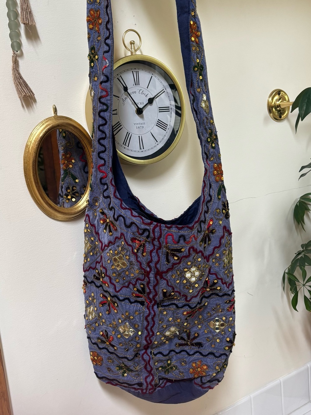 Boho Embroidered Crossbody Tote Bag - Purple